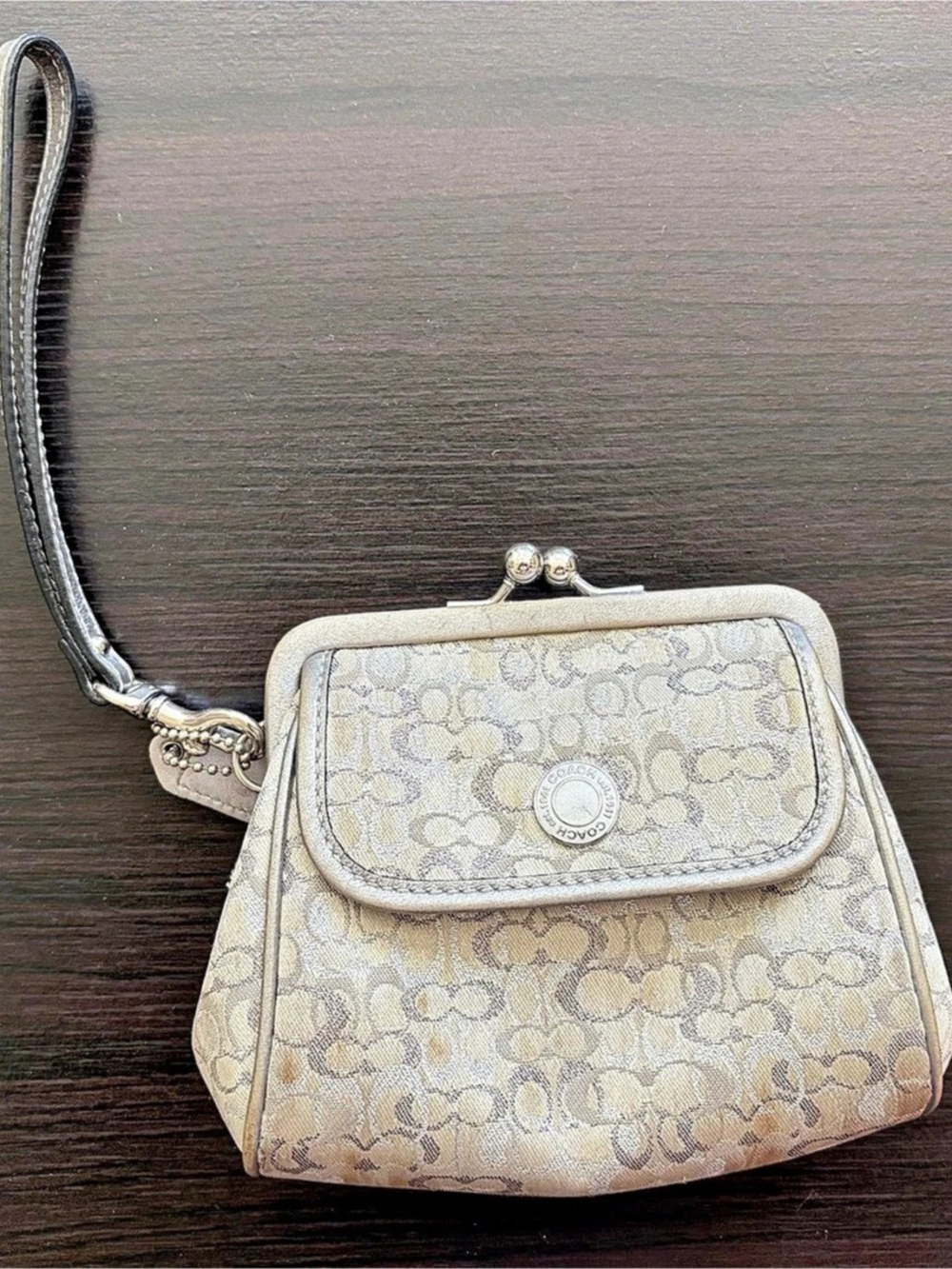 COACH Optic Signature Lurex Kisslock Framed Pouch in Silver & White